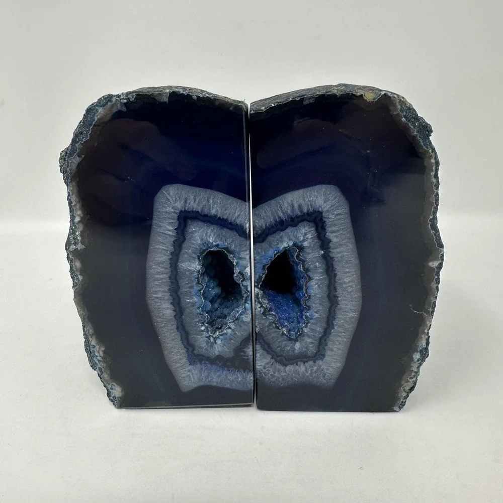Blue Agate Geode Natural Stone Bookends Pair Polished Crystal Home Decor Desk